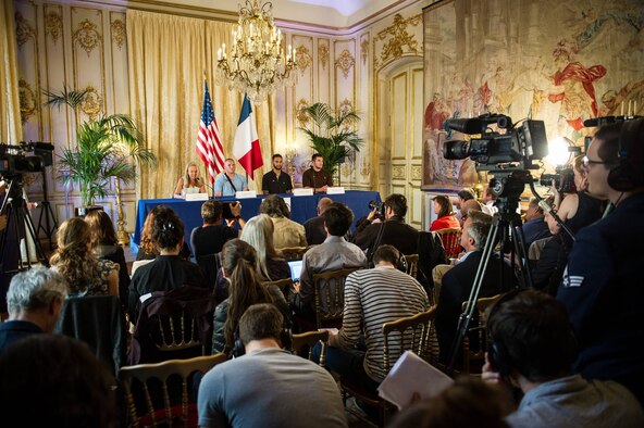 Jane D. Hartly, the U.S. ambassador to France, Airman 1st Class Spencer Stone and his two friends speak at a press conference in Paris on Aug. 23, 2015, following a foiled attack on a French train. Stone was on vacation with his childhood friends, Army Spc. Aleksander Skarlatos and Anthony Sadler, when an armed gunman entered their train carrying an assault rifle, a handgun and a box cutter. The three men, with the help of a British passenger, subdued the gunman after his rifle jammed. (U.S. Air Force photo/Tech. Sgt. Ryan Crane)