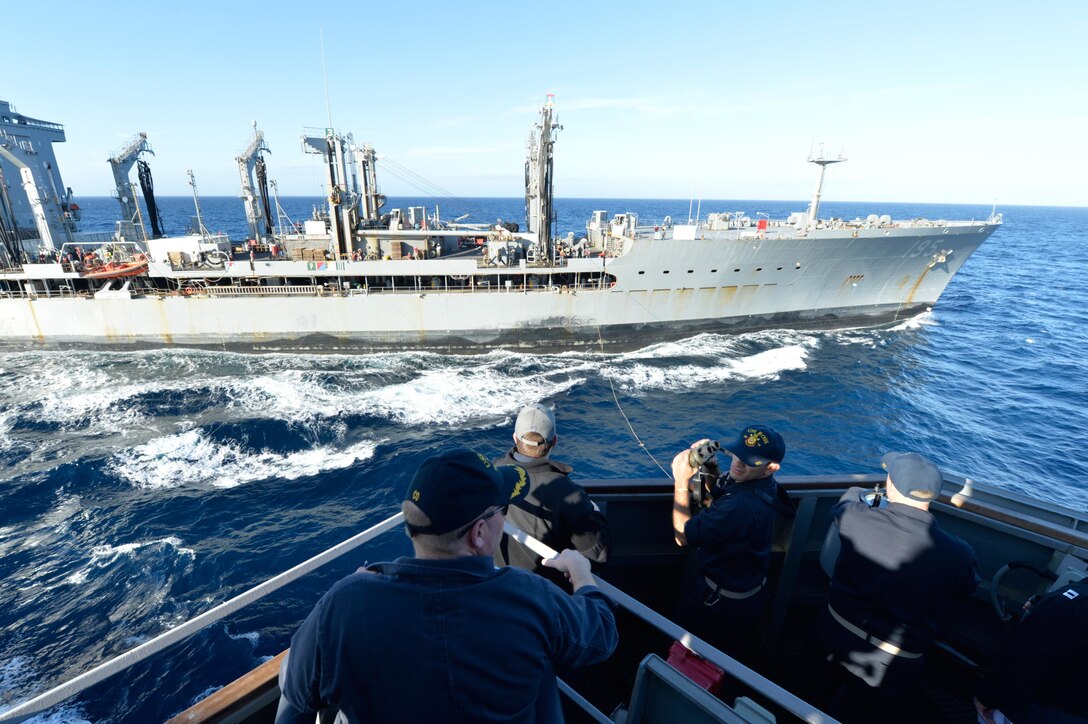 U.S. sailors aboard the USS Ross conduct a replenishment at sea with the Military Sealift Command fleet replenishment oiler USNS Leroy Grumman in the Mediterranean Sea Jan. 5, 2016. An Arleigh Burke class guided missile destroyer, Ross was deployed to Rota, Spain, in support of U.S. national security interests in Europe. U.S. Navy photo by Petty Officer 2nd Class Justin Stumberg