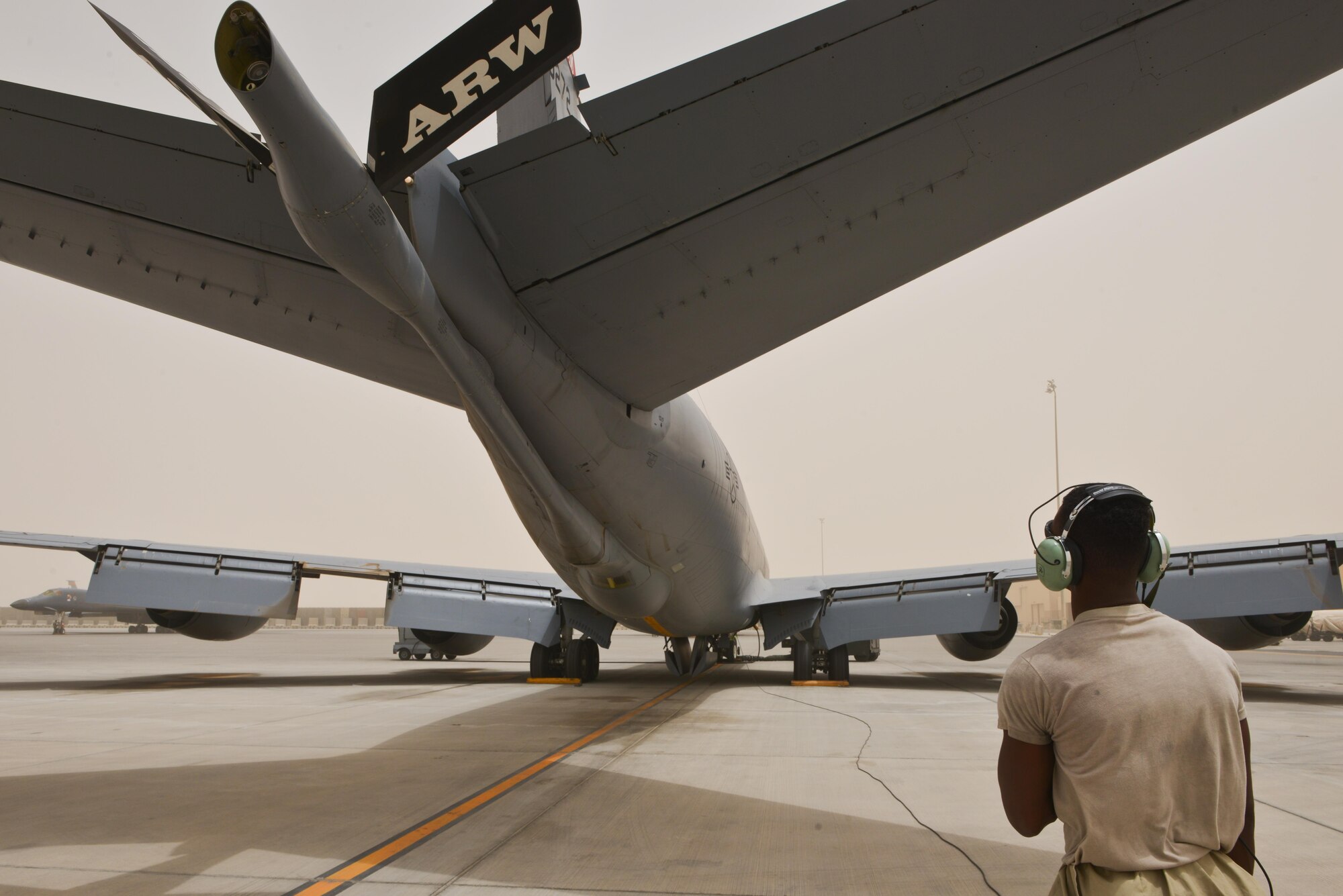 Airman 1st Class Marshawn Fry, a member of the 340th Expeditionary Aircraft Maintenance Unit, waits to begin preflight checks on a KC-135 Stratotanker June 7, 2015, Al Udeid Air Base, Qatar. The KC-135 fleet at Al Udeid AB flew more than 14,700 sorties in 2015 accumulating 103,419 combat hours in support of Operations Inherent Resolve and Freedom’s Sentinel. 