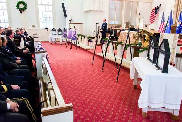 Brig. Gen. Keith M. Givens, the Air Force Office of Special Investigations commander, delivers the eulogy during a memorial service Jan. 7, 2016, at the U.S. Marine Memorial Chapel. The service remembered the four OSI special agents and two security forces defenders killed by a suicide bomber near Bagram Airfield, Afghanistan, Dec. 21, 2015. (U.S. Air Force photo/Michael Hastings)