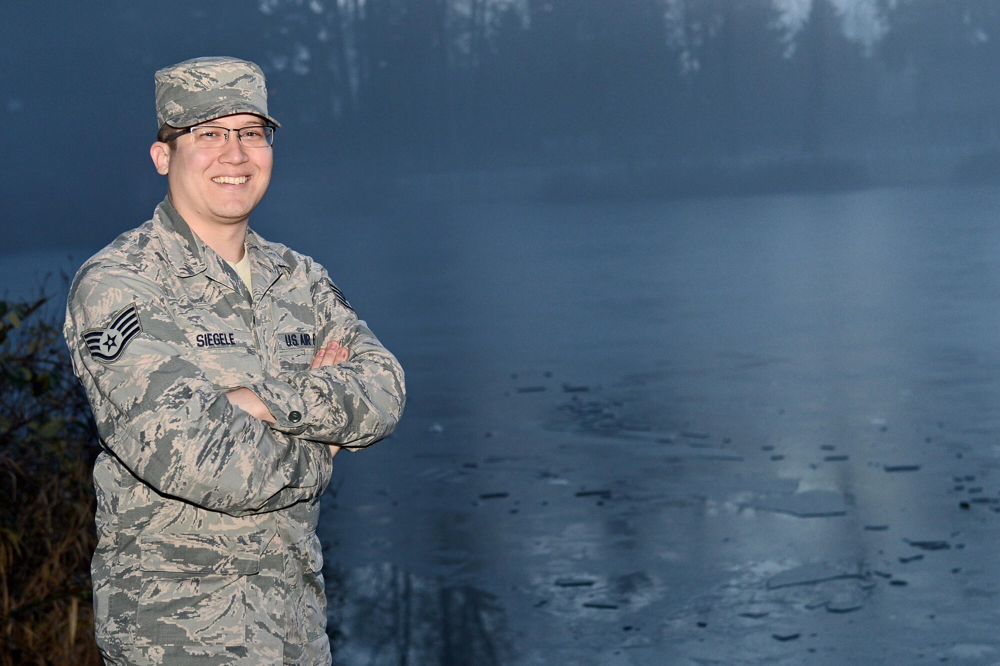 Staff Sgt. Matthew Siegele, the 627th Force Support Squadron sports and fitness NCO in charge, saved a little girl from drowning on the afternoon of Jan. 1, 2016, when she was walking on a frozen Carter Lake at Joint Base Lewis-McChord, Wash., and fell through the ice. (U.S. Air Force photo/Senior Airman Divine Cox)