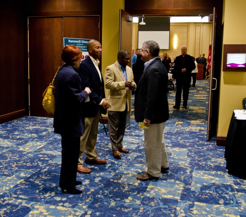 Command Sgt. Maj. Luther Thomas, Jr., 12th Command Sergeant Major, U.S. Army Reserve, bid farewell to colleagues and friends during a dinner in his honor at the Iron Mike Conference Center at Fort Bragg, N.C., Jan. 7, 2016. Thomas, who has been in the position since 2013, prepares for a transition into a new role as senior enlisted adviser to the assistant secretary of defense for manpower and reserve affairs. (U.S. Army photo by Brian Godette/Released)