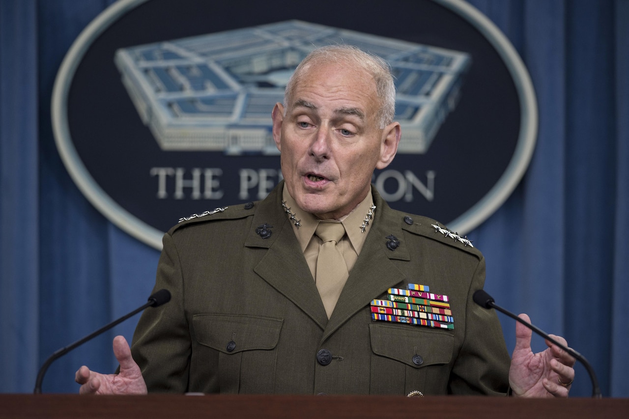 Marine Corps Gen. John F. Kelly, commander of U.S. Southern Command, briefs reporters on the command's operations during a briefing at the Pentagon, Jan. 8, 2016. DoD photo by Air Force Senior Master Sgt. Adrian Cadiz