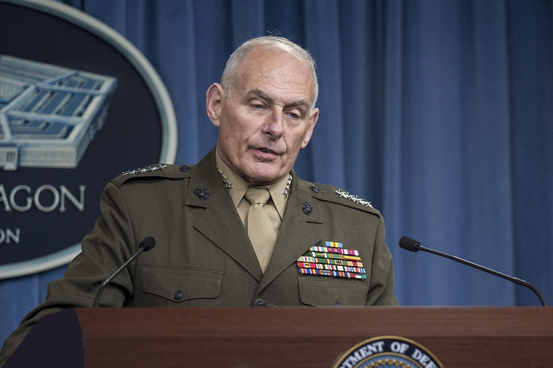 Marine Corps Gen. John F. Kelly, commander of U.S. Southern Command, briefs reporters on the command's operations during a briefing at the Pentagon, Jan. 8, 2016. DoD photo by Air Force Senior Master Sgt. Adrian Cadiz