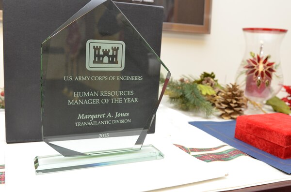Margaret Jones, the U.S. Army Corps of Engineers, Transatlantic Division’s Business Integration Division Chief, accepted the U.S. Army Corps of Engineers Human Resources Manager of the Year Award Dec. 15 at the Division's Headquarters.