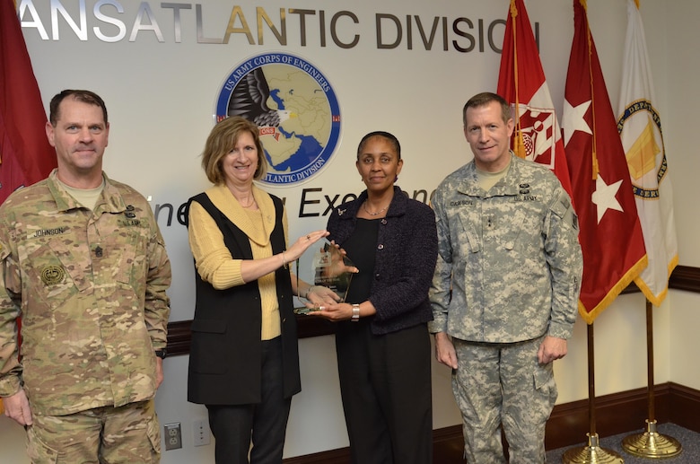 Margaret Jones, the U.S. Army Corps of Engineers, Transatlantic Division’s Business Integration Division Chief, accepts the U.S. Army Corps of Engineers Human Resources Manager of the Year Award Dec. 15 at the Division's Headquarters.