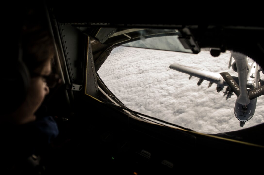 U.S Air Force Senior Airman Rebekah McCormack refuels a USAF A-10 Thunderbolt II aircraft over Turkey in support of Operation Inherent Resolve, Jan. 6, 2016. McCormack is a boom operator assigned to the 340th Expeditionary Air Refueling Squadron, deployed from the 351st Air Refueling Squadron in RAF Mildenhall, England. U.S. Air Force photo by Staff Sgt. Corey Hook