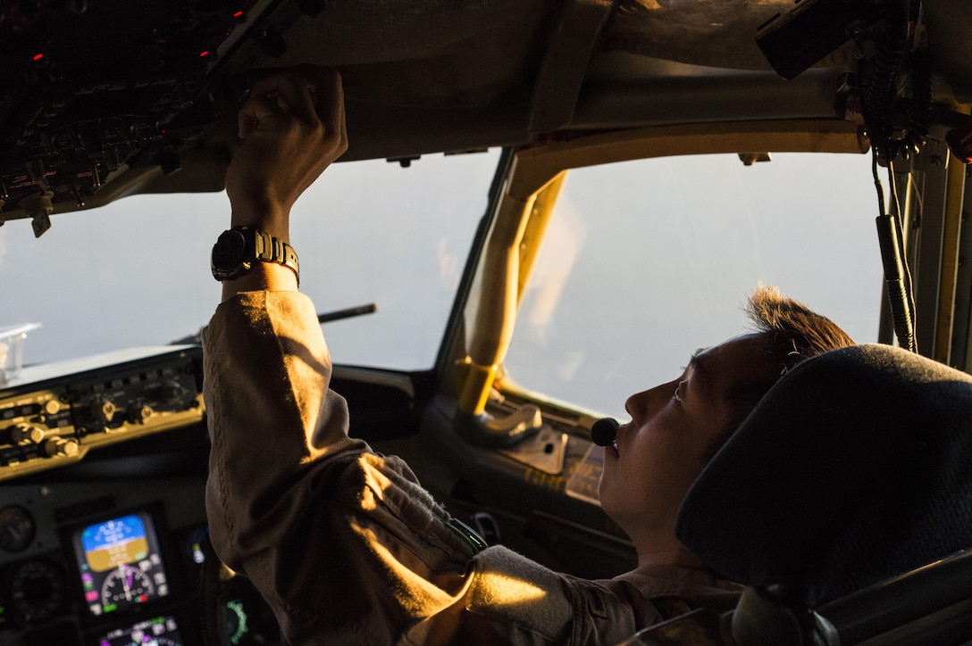 U.S Air Force 1st Lt. Andrew Kim flies a KC-135 Stratotanker over Turkey, Jan. 6, 2016, to support Operation Inherent Resolve. Kim is a pilot assigned to the 340th Expeditionary Air Refueling Squadron, deployed from the 351st Air Refueling Squadron in RAF Mildenhall, England. U.S. Air Force photo by Staff Sgt. Corey Hook