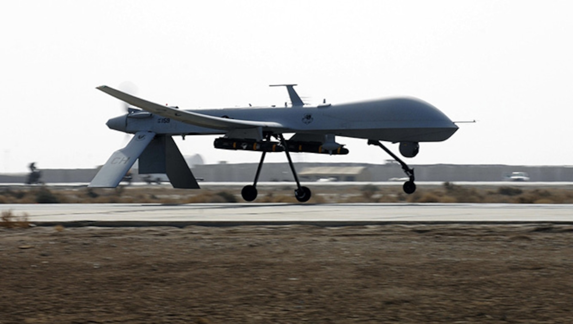 An Air Force MQ-1B Predator from the 361st Expeditionary Reconnaissance Squadron takes off from Ali Base, Iraq, in support of Operation Iraqi Freedom. The Predator is a medium-altitude, long-endurance, remotely piloted aircraft capable of conducting armed reconnaissance. (U.S. Air Force photo/Airman 1st Class Jonathan Snyder)