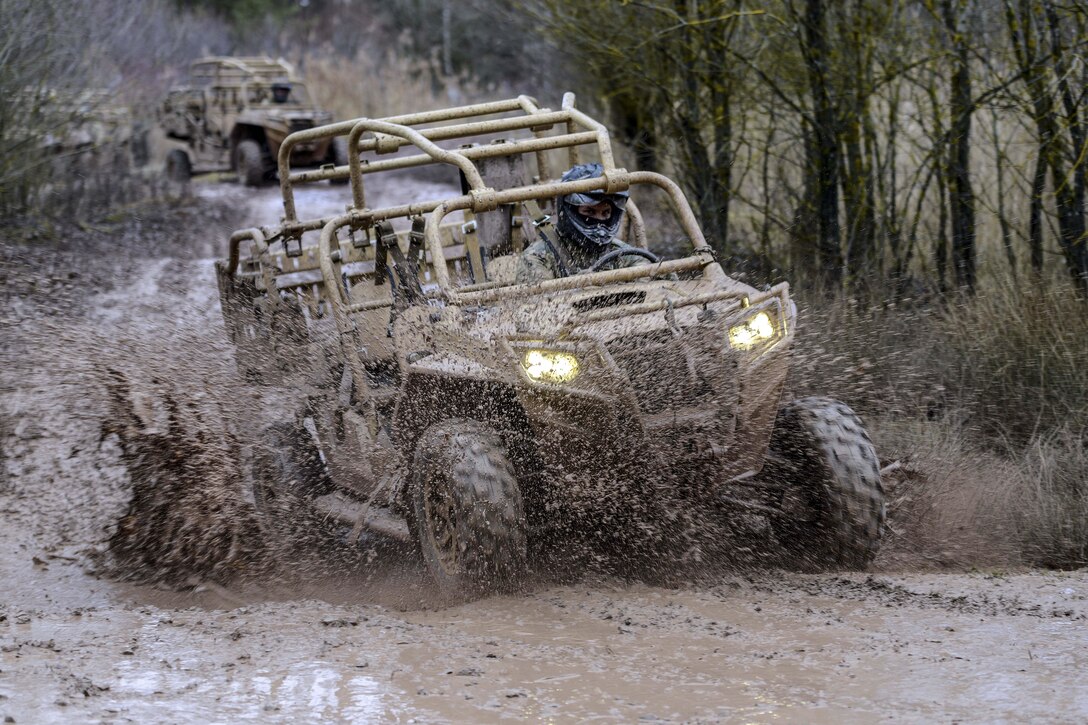 U.S. soldiers test the capabilities of the MRZR4 LT-All Terrain Vehicle in the Boeblingen Local Training Area, Germany, Jan. 5, 2016. U.S. Army photo by Jason Johnston