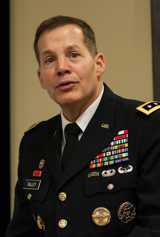 Lt. Gen. Jeffrey W. Talley, chief U.S. Army Reserve and U.S. Army Reserve Command commanding general, gives his comments during a change of responsibility ceremony at the U.S. Army Forces Command and U.S. Army Reserve Command headquarters, Jan. 8, 2016, at Fort Bragg, N.C. Command Sgt. Maj. James P. Wills takes over the U.S. Army Reserve's top enlisted position from Command Sgt. Maj. Luther Thomas Jr. who will be the senior enlisted adviser to the assistant secretary of defense for Manpower and Reserve Affairs. (U.S. Army photo by Timothy L. Hale/Released)