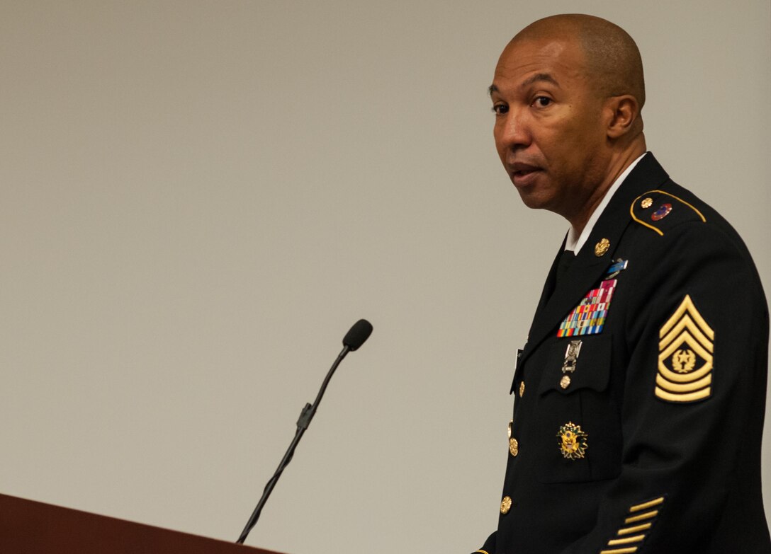Command Sgt. Maj. Luther Thomas Jr., gives his remarks during a change of responsibility ceremony at the U.S. Army Forces Command and U.S. Army Reserve Command headquarters, Jan. 8, 2016, at Fort Bragg, N.C. Thomas leaves USARC to become the senior enlisted adviser to the assistant secretary of defense for Manpower and Reserve Affairs. (U.S. Army photo by Timothy L. Hale/Released)