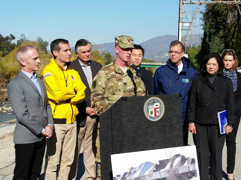 U.S. Army Corps of Engineers Los Angeles District Commander Col. Kirk Gibbs joined Los Angeles Mayor Eric Garcetti and LA County Supervisor Hilda Solis Jan. 8 to announce that the Corps will begin interim risk reduction measures to improve flood protection on the Los Angeles River during El Niño. The District received emergency funding to begin work next week on an area of the river that spans from Griffith Park to Elysian Valley.