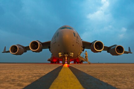 A U.S. Air Force C-17 prepares to depart Iraq with U.S. Marine Corps Gen. Joseph F. Dunford Jr., chairman of the Joint Chiefs of Staff, Jan. 8, 2016. During the trip, Dunford met with U.S. and coalition leaders in Germany, Iraq and Turkey to assess the progress of counter-ISIL efforts. DoD photo by Navy Petty Officer 2nd Class Dominique A. Pineiro