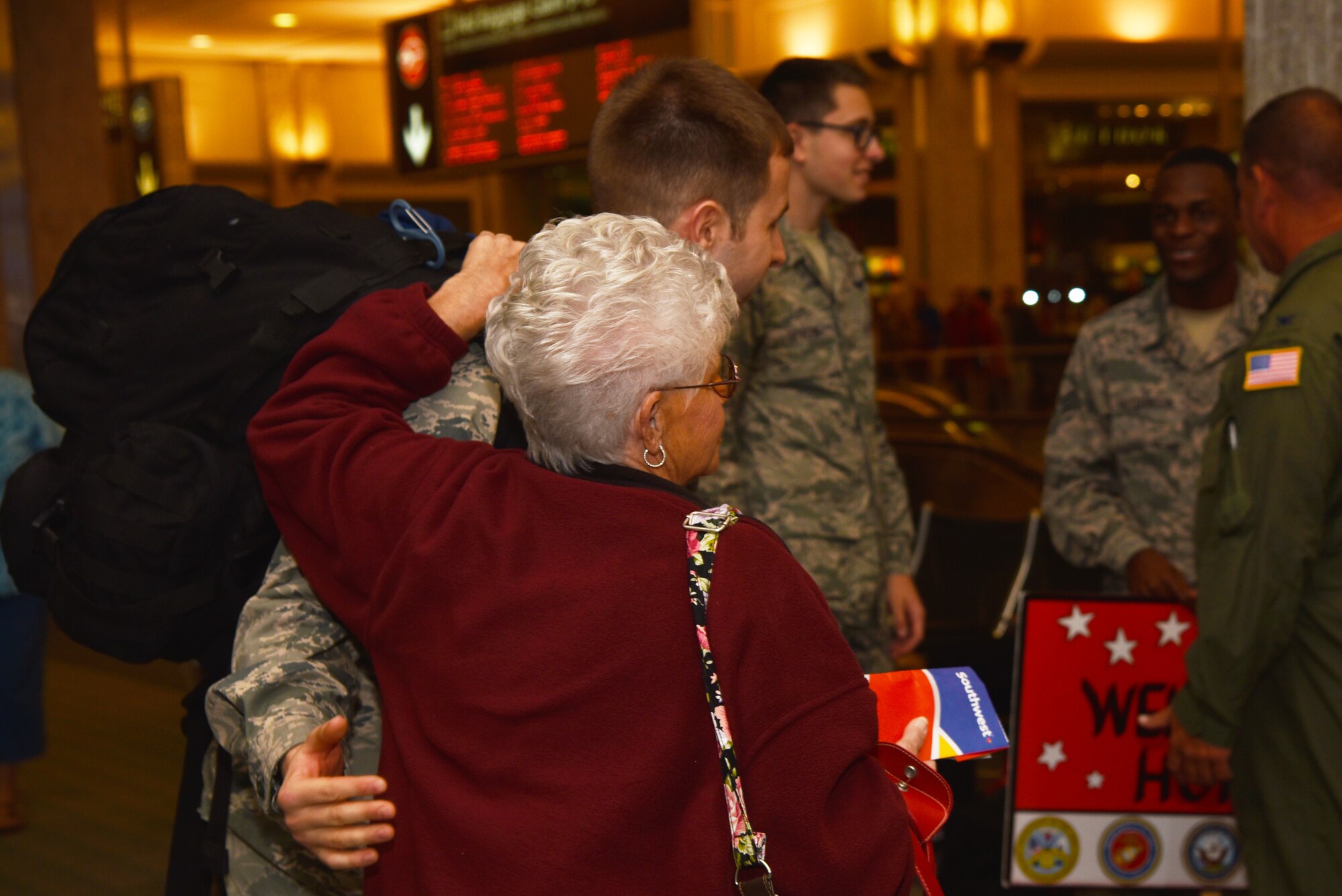 Members from the 45th Aeromedical Evacuation Squadron met at Tampa International Airport to welcome home Airmen returning from a four month deployment, Jan. 8, 2016. While deployed they supported Aeromedical Evacuation missions from Germany to Afghanistan and Andrews Air Force Base, Maryland. One returning member, Tech. Sgt. Derek Matway, who was supposed to return a week later, decided to not to tell his family about his early return and surprise them.

“I was supposed to come home on the 12th,” said Matway. “I didn’t want to tell my wife so I could surprise her and my son. The best part was picking my son up from school!”

