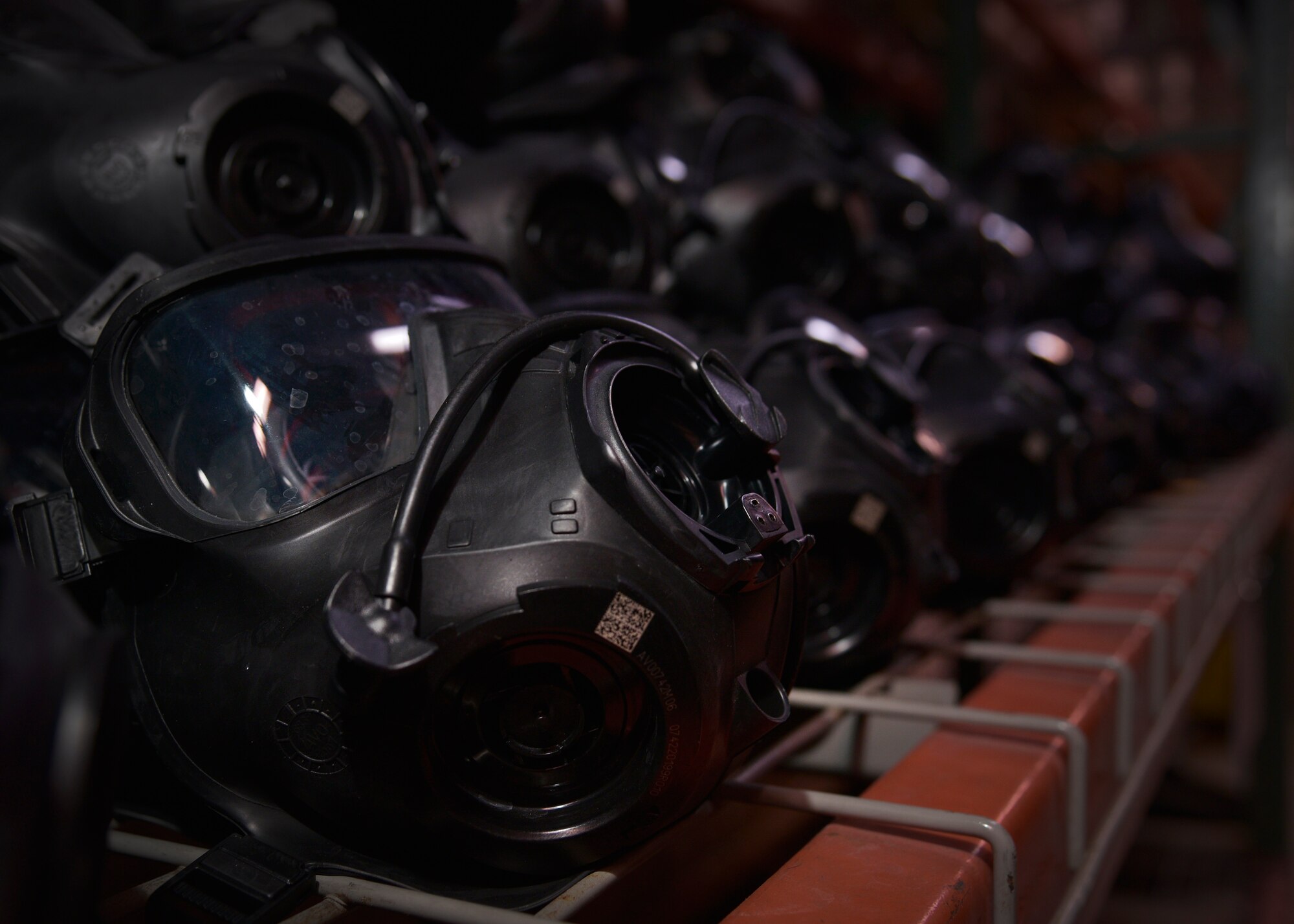 Sanitized M50 gas masks air dry on a shelf at Misawa Air Base, Japan, Jan. 6, 2016. After the mask is returned, it undergoes inspection and sanitation to ensure the mask is fully functional for its next owner.  (U.S. Air Force photo by Senior Airman Deana Heitzman)