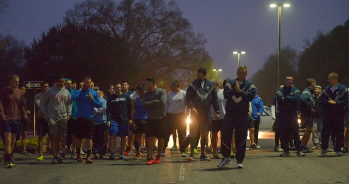 On January 8, 2016, the 437th Airlift Wing celebrates its 50th anniversary at Joint Base Charleston – Air Base, S.C., with a morning 5K run. Following the run, the 437th AW had a combat dining in ceremony as well. (U.S. Air Force photo/Airman 1st Class Thomas T. Charlton)