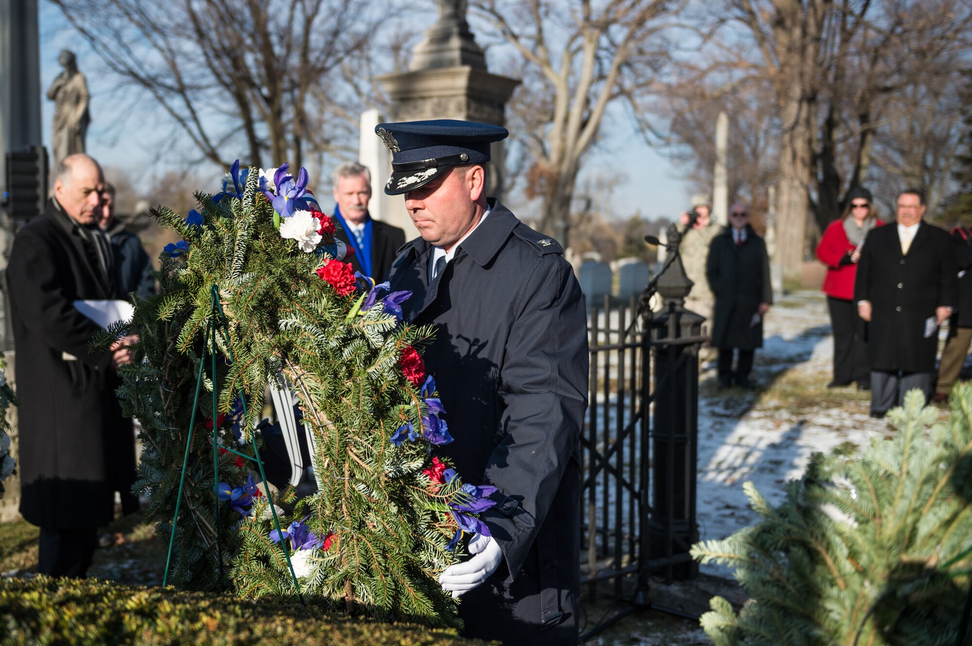 Col. Michael W. Bank Jr., vice commander of the 107th AW at Niagara Falls Air Reserve Station, Niagara Falls, N.Y., lays a wreath at the grave of President Millard Fillmore, Forest Lawn Cemetery, Buffalo, N.Y., Jan. 7, 2015. The ceremony, which is held by the University at Buffalo, commemorates Fillmore’s birthday.  (U.S. Air National Guard Photo/ Staff Sgt. Ryan Campbell)