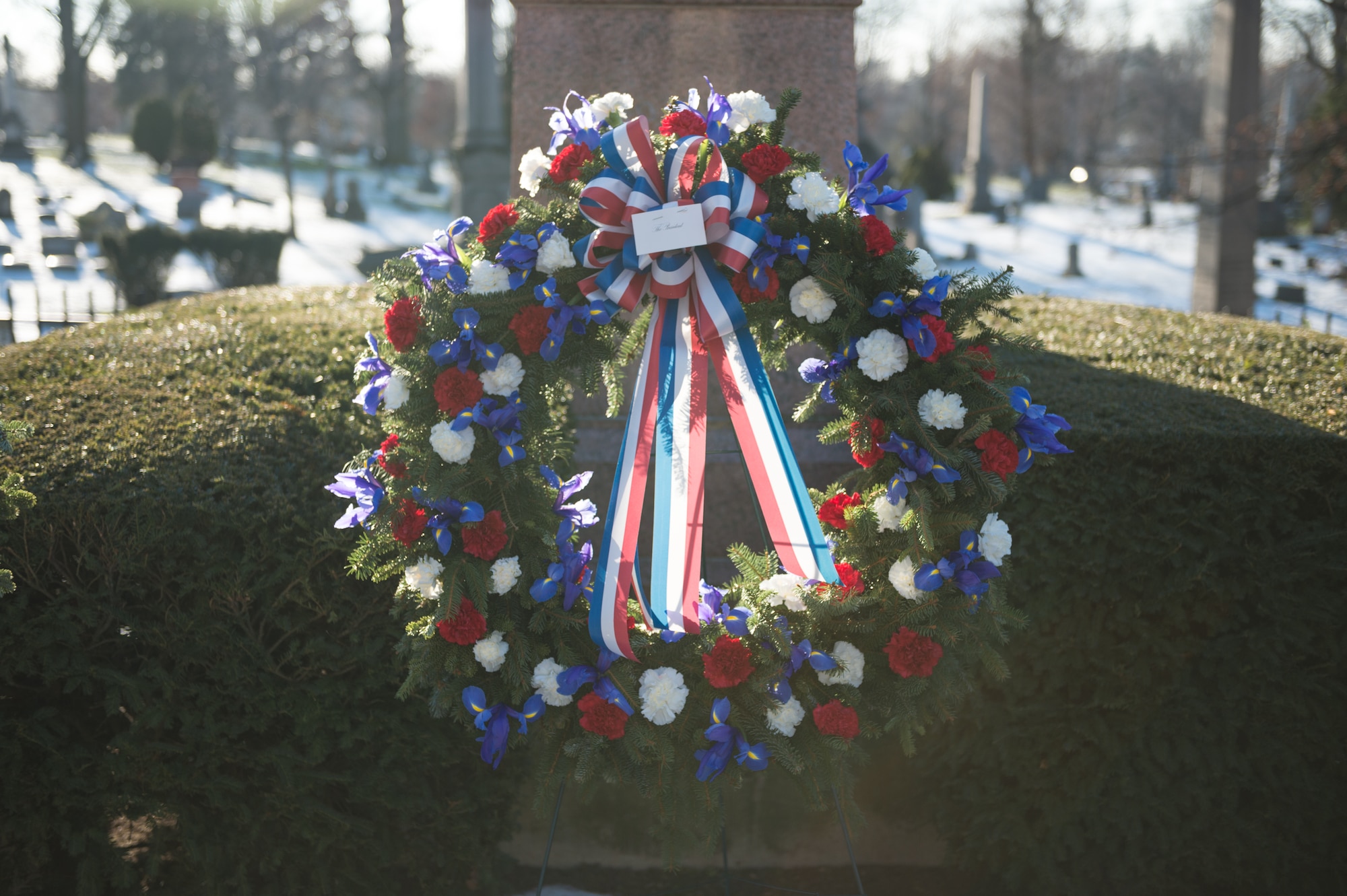 A wreath provided by the White House on behalf of President Barack Obama sits on display at the grave of President Millard Fillmore, Forest Lawn Cemetery, Buffalo, N.Y., Jan. 7, 2015. The 107th AW from the Niagara Falls Air Reserve Station, Niagara Falls, N.Y., presented the wreath at a ceremony held by the University at Buffalo, a school which Fillmore was one of the founders. (U.S. Air National Guard Photo/ Staff Sgt. Ryan Campbell)