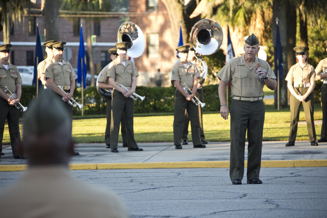Commandant of the Marine Corps, Gen. Robert B. Neller, speaks during morning colors at Marine Corps Recruit Depot Parris Island, S.C., Oct. 16, 2015. Neller outlined the Corps' current priorities, expectations, listened and answered questions during his visit. (U.S. Marine Corps photo by Sgt. Gabriela Garcia/Released)