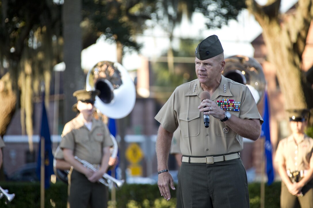 Commandant of the Marine Corps, Gen. Robert B. Neller, speaks during morning colors at Marine Corps Recruit Depot Parris Island, S.C., Oct. 16, 2015. Neller outlined the Corps' current priorities, expectations, listened and answered questions during his visit. (U.S. Marine Corps photo by Sgt. Gabriela Garcia/Released)