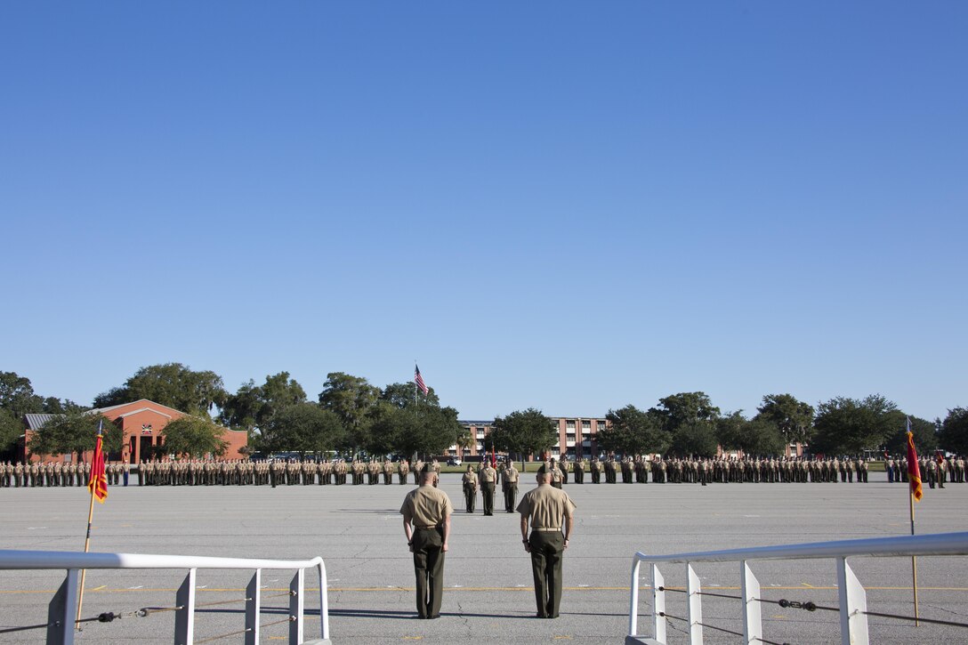 Commandant of the Marine Corps, Gen. Robert B. Neller, right, participates during a graduation ceremony at Marine Corps Recruit Depot Parris Island, S.C., Oct. 16, 2015. Neller was the parade reviewing official for the ceremony. (U.S. Marine Corps photo by Sgt. Gabriela Garcia/Released)