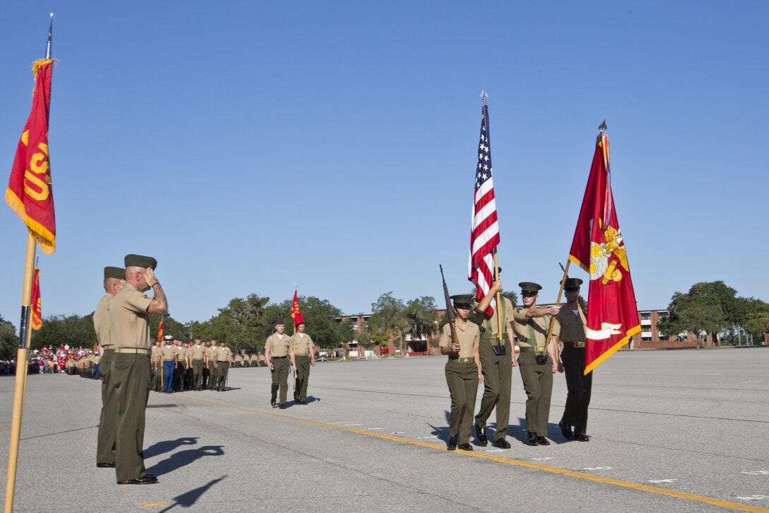Commandant of the Marine Corps, Gen. Robert B. Neller, visits Marines at Marine Corps Recruit Depot Parris Island, S.C., Oct. 16, 2015. Neller was the parade reviewing official for the ceremony. (U.S. Marine Corps photo by Sgt. Gabriela Garcia/Released)