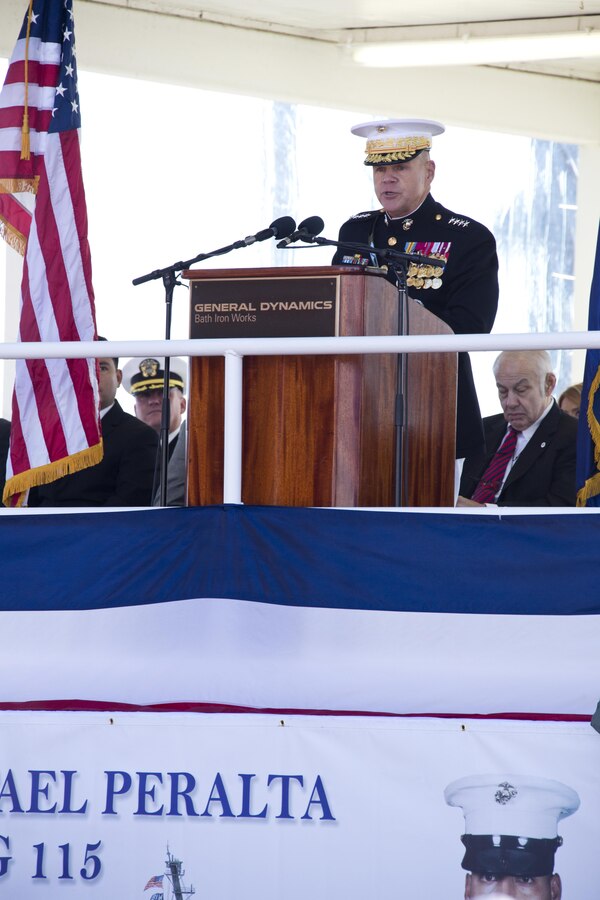 Commandant of the Marine Corps, Gen. Robert B. Neller speaks during the USS Rafael Peralta christening ceremony at General Dynamics Bath Iron Works, Bath, Maine, Oct. 31, 2015. The destroyer was named after Sgt. Peralta who was killed during the second battle of Fallujah in 2004. (U.S. Marine Corps photo Sgt. Gabriela Garcia/Released)