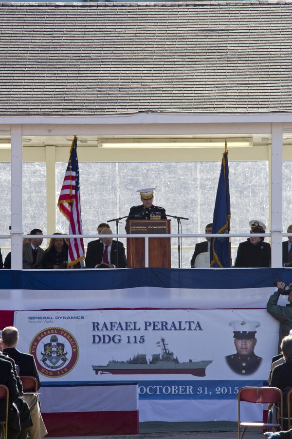 Commandant of the Marine Corps, Gen. Robert B. Neller speaks during the USS Rafael Peralta christening ceremony at General Dynamics Bath Iron Works, Bath, Maine, Oct. 31, 2015. The destroyer was named after Sgt. Peralta who was killed during the second battle of Fallujah in 2004. (U.S. Marine Corps photo Sgt. Gabriela Garcia/Released)