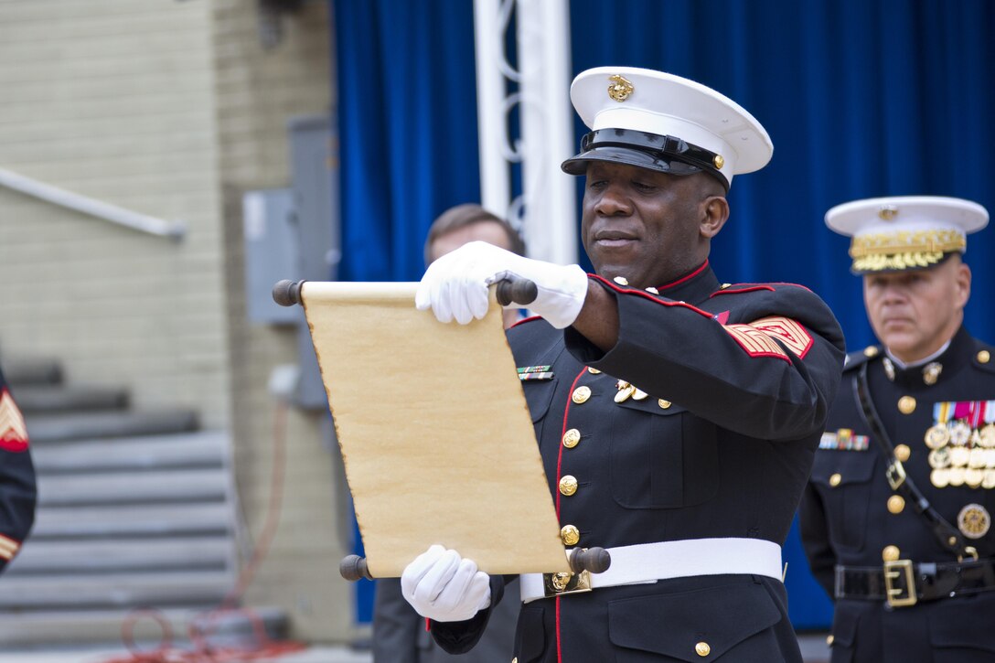 Sgt. Maj. of the Marine Corps Ronald L. Green, reads Gen. John A. Lejeune's birthday message during the Pentagon cake cutting ceremony at Washington, D.C., Nov. 9, 2015. The ceremony celebrated the Corps' 240th birthday since it was first established on Nov. 10, 1775. (U.S. Marine Corps photo by Sgt. Gabriela Garcia/Released)