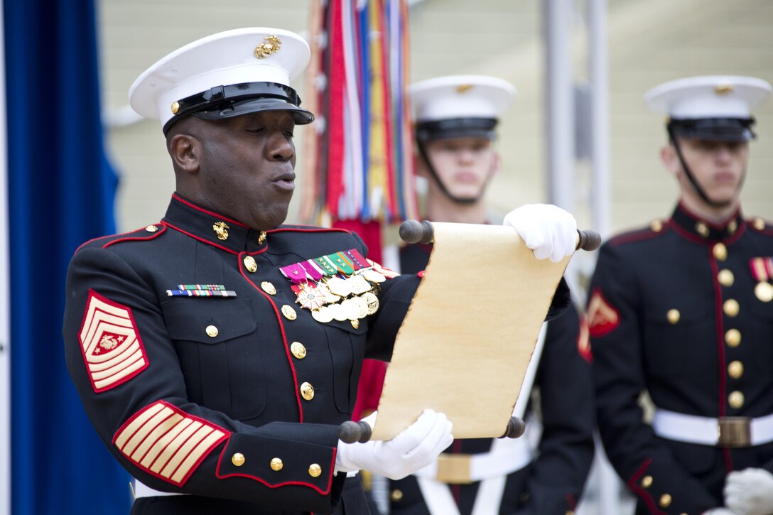 Sgt. Maj. of the Marine Corps Ronald L. Green, reads Gen. John A. Lejeune's birthday message during the Pentagon cake cutting ceremony at Washington, D.C., Nov. 9, 2015. The ceremony celebrated the Corps' 240th birthday since it was first established on Nov. 10, 1775. (U.S. Marine Corps photo by Sgt. Gabriela Garcia/Released)