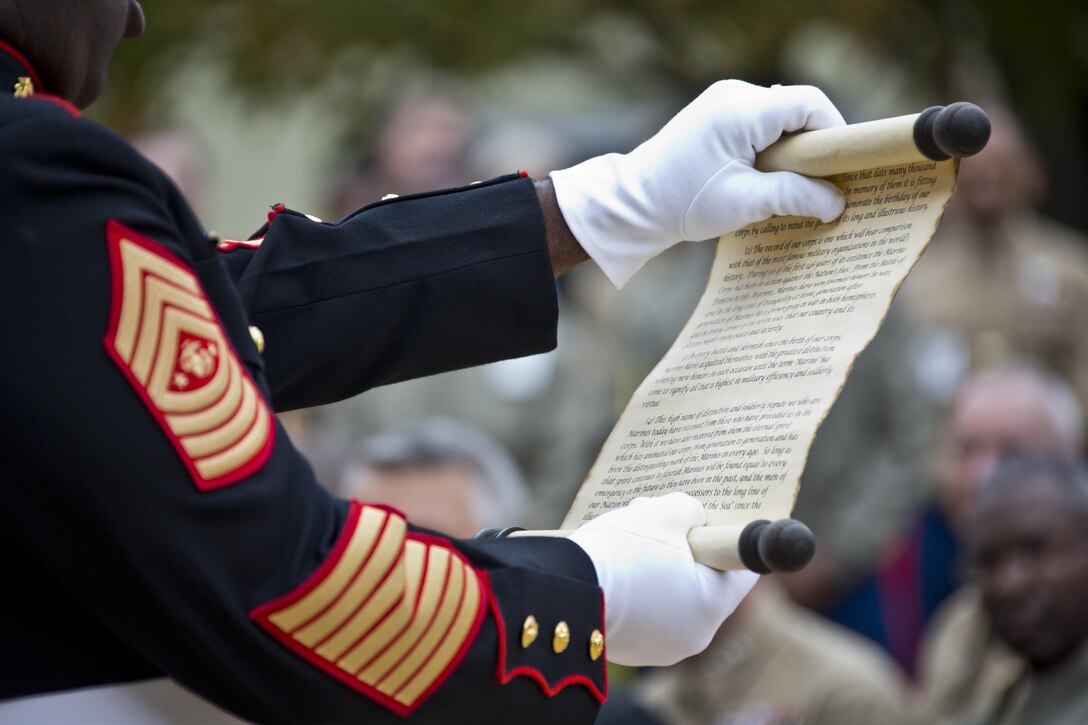 Sgt. Maj. of the Marine Corps Ronald L. Green, reads Gen. John A. Lejeune's birthday message during the Pentagon cake cutting ceremony at Washington, D.C., Nov. 9, 2015. The ceremony celebrated the Corps' 240th birthday since it was first established on Nov. 10, 1775. (U.S. Marine Corps photo by Sgt. Gabriela Garcia/Released)