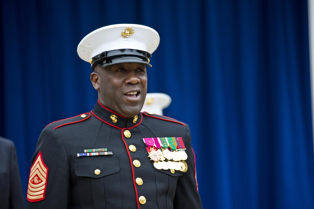 Sgt. Maj. of the Marine Corps Ronald L. Green, sings the Marines' hymn during the Pentagon cake cutting ceremony at Washington, D.C., Nov. 9, 2015. The ceremony celebrated the Corps' 240th birthday since it was first established on Nov. 10, 1775. (U.S. Marine Corps photo by Sgt. Gabriela Garcia/Released)