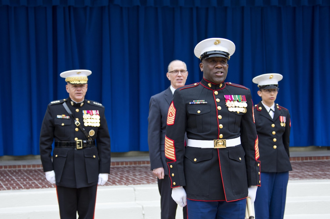 Sgt. Maj. of the Marine Corps Ronald L. Green, sings the Marines' hymn during the Pentagon cake cutting ceremony at Washington, D.C., Nov. 9, 2015. The ceremony celebrated the Corps' 240th birthday since it was first established on Nov. 10, 1775. (U.S. Marine Corps photo by Sgt. Gabriela Garcia/Released)