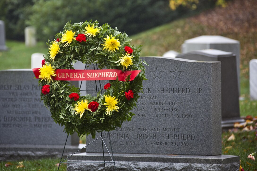A wreath for Gen. Lemuel Cornick Shepherd, Jr., lays at Arlington, Va., Nov. 10, 2015. Commandant of the Marine Corps, Gen. Robert B. Neller, laid a wreath in honor of Shepherd the 20th Commandant of the Marine Corps. (U.S. Marine Corps photo by Staff Sgt. Gabriela Garcia/Released)