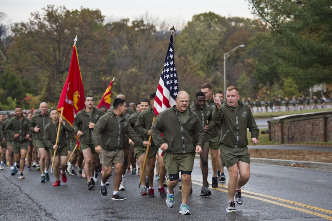 Commandant of the Marine Corps, Gen. Robert B. Neller, runs with Marines and Sailors at Arlington, Va., Nov. 12, 2015. Neller led Marines and Sailors on a Marine Corps birthday run from the Pentagon to the Marine Corps War Memorial. (U.S. Marine Corps photo by Staff Sgt. Gabriela Garcia/Released)
