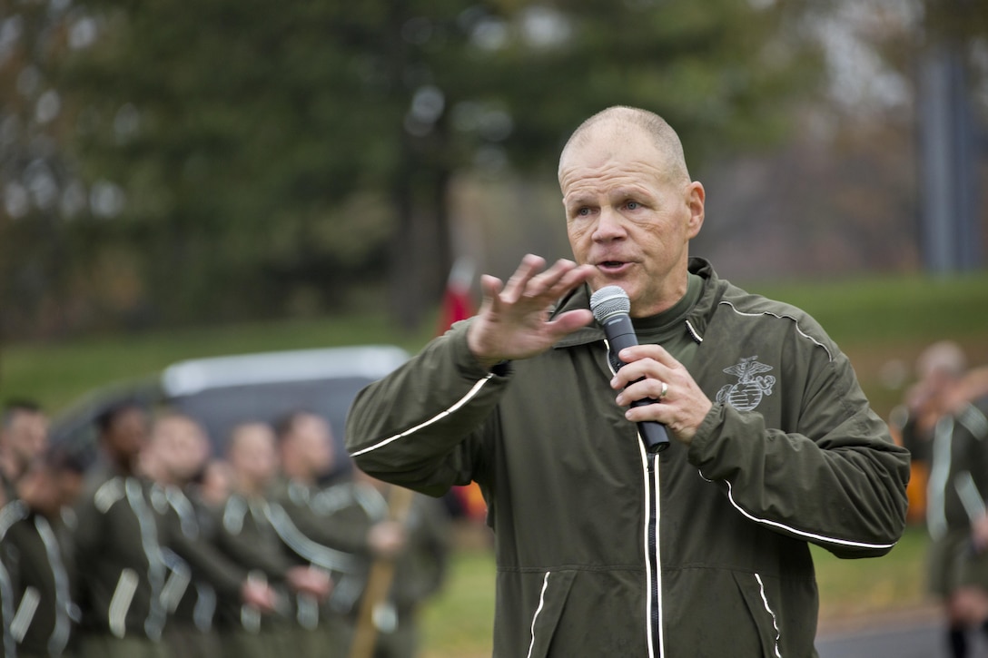 Commandant of the Marine Corps, Gen. Robert B. Neller, speaks to Marines and Sailors at Arlington, Va., Nov. 12, 2015. Neller led Marines and Sailors on a Marine Corps birthday run from the Pentagon to the Marine Corps War Memorial. (U.S. Marine Corps photo by Staff Sgt. Gabriela Garcia/Released)