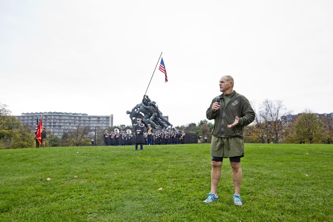 Commandant of the Marine Corps, Gen. Robert B. Neller, speaks to Marines and Sailors at Arlington, Va., Nov. 12, 2015. Neller led Marines and Sailors on a Marine Corps birthday run from the Pentagon to the Marine Corps War Memorial. (U.S. Marine Corps photo by Staff Sgt. Gabriela Garcia/Released)