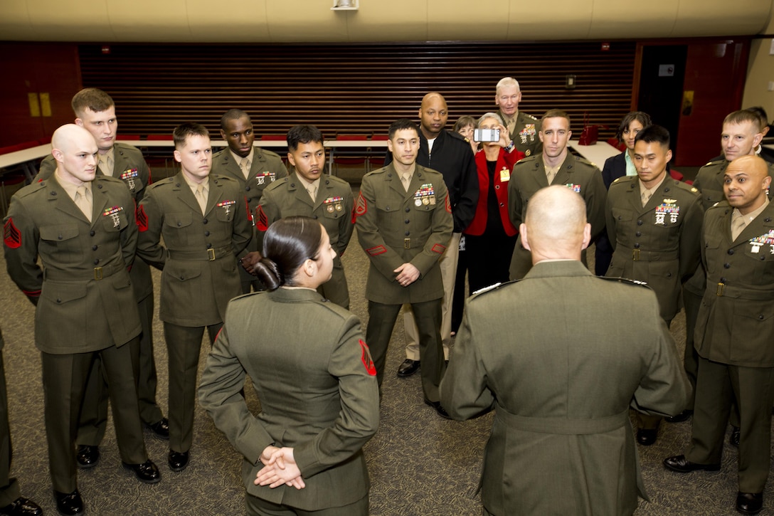 Commandant of the Marine Corps, Gen. Robert B. Neller speaks to Marine security guards at Tokyo, Japan, Nov. 25, 2015. Neller reenlisted a Marine and met with the Marines during his Japan visit with Sgt. Maj. of the Marine Corps Ronald L. Green. (U.S. Marine Corps photo by Staff Sgt. Gabriela Garcia/Released)