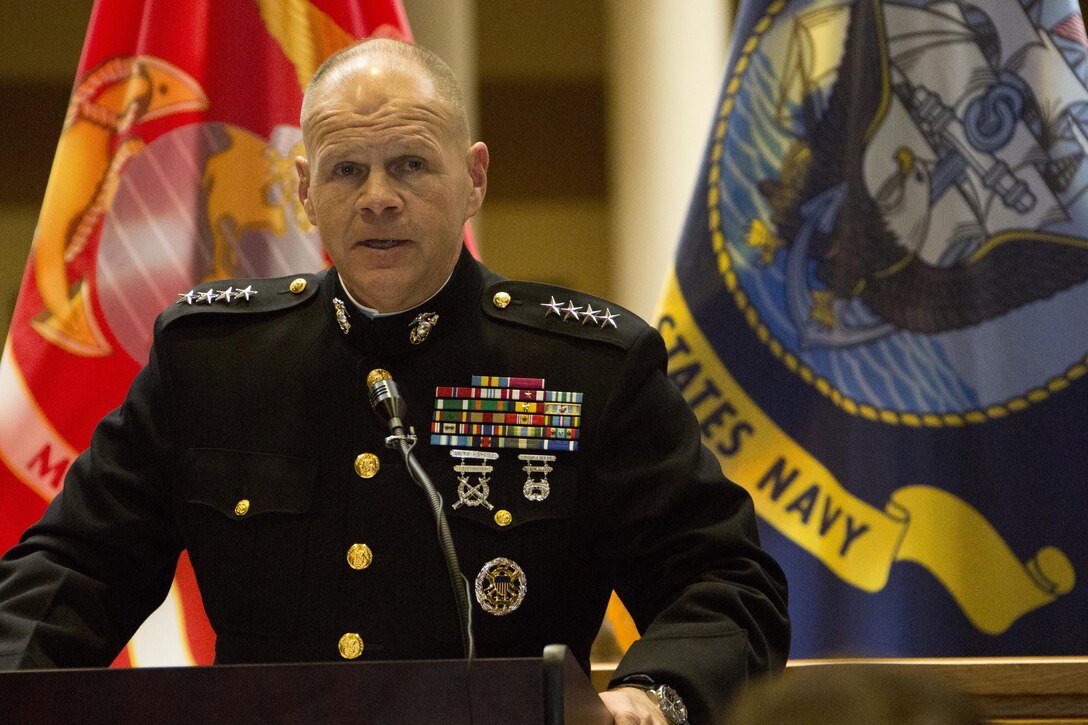 Commandant of the Marine Corps, Gen. Robert B. Neller speaks during a portrait unveiling ceremony at Atlanta, Ga., Dec. 2, 2015. Neller was the guest of honor speaker at retired Gen. Raymond G. Davis's portrait unveiling ceremony inside the Floyd Veterans Memorial Building. (U.S. Marine Corps photo by Staff Sgt. Gabriela Garcia/Released)