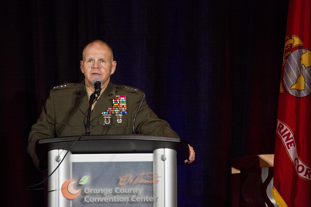 Commandant of the Marine Corps, Gen. Robert B. Neller speaks during the Interservice/Industry Training, Simulation and Education Conference ( I/ITSEC) 2015 at Orlando, Fla., Dec. 2, 2015. Neller was the keynote speaker at the world's largest modeling, simulation, and training conference. (U.S. Marine Corps photo by Staff Sgt. Gabriela Garcia/Released)