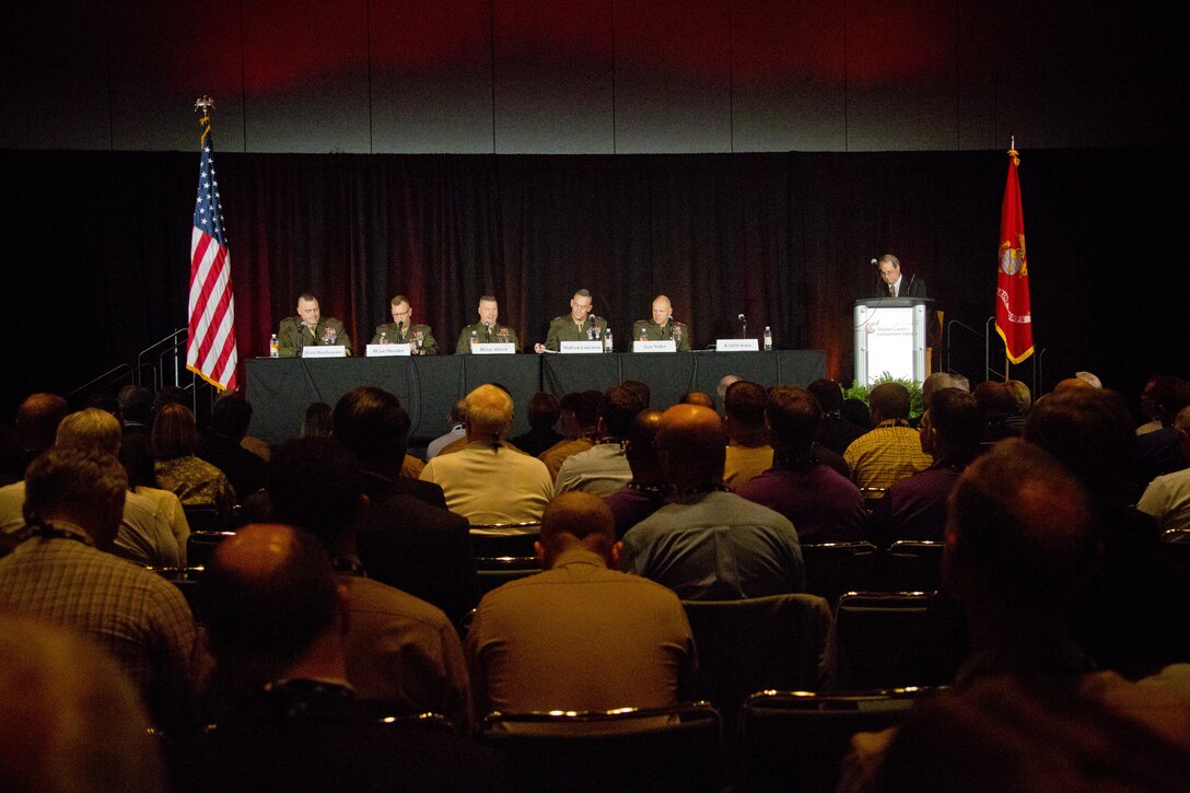 Commandant of the Marine Corps, Gen. Robert B. Neller and other Marines participate in a panel during the Interservice/Industry Training, Simulation and Education Conference ( I/ITSEC) 2015 at Orlando, Fla., Dec. 2, 2015. Neller was the keynote speaker followed by a panel at the world's largest modeling, simulation, and training conference. (U.S. Marine Corps photo by Staff Sgt. Gabriela Garcia/Released)