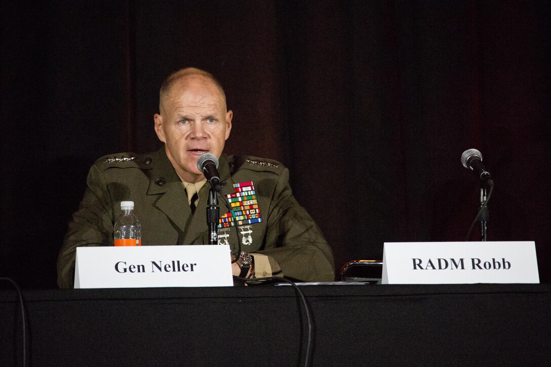 Commandant of the Marine Corps, Gen. Robert B. Neller speaks during the Interservice/Industry Training, Simulation and Education Conference ( I/ITSEC) 2015 at Orlando, Fla., Dec. 2, 2015. Neller was the keynote speaker at the world's largest modeling, simulation, and training conference. (U.S. Marine Corps photo by Staff Sgt. Gabriela Garcia/Released)