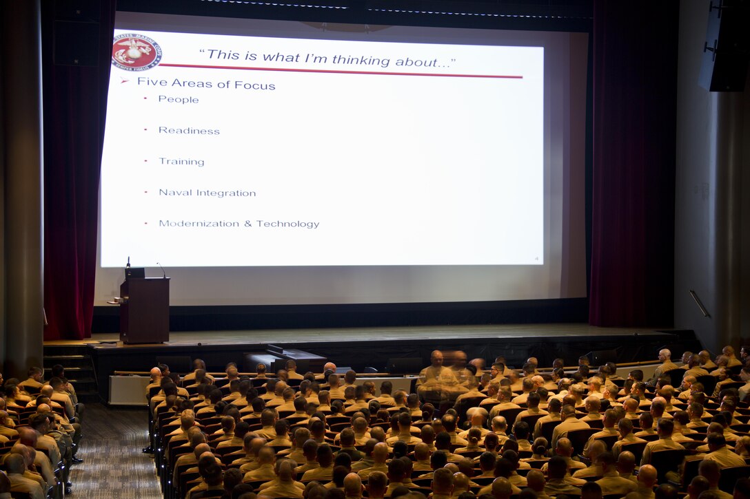 Commandant of the Marine Corps, Gen. Robert B. Neller speaks to Marines at Marine Corps Recruit Depot San Diego, Calif., Dec. 3, 2015. Neller spoke to Marines about the Corps' priorities, expectations, and answered questions during his visit. (U.S. Marine Corps photo by Staff Sgt. Gabriela Garcia/Released)