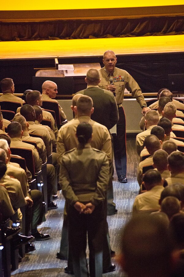 Commandant of the Marine Corps, Gen. Robert B. Neller speaks to Marines at Marine Corps Recruit Depot San Diego, Calif., Dec. 3, 2015. Neller spoke to Marines about the Corps' priorities, expectations, and answered questions during his visit. (U.S. Marine Corps photo by Staff Sgt. Gabriela Garcia/Released)