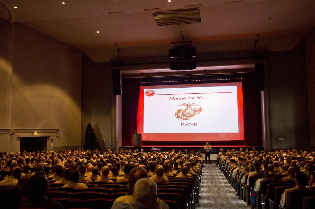 Commandant of the Marine Corps, Gen. Robert B. Neller speaks to Marines at Marine Corps Recruit Depot San Diego, Calif., Dec. 3, 2015. Neller spoke to Marines about the Corps' priorities, expectations, and answered questions during his visit. (U.S. Marine Corps photo by Staff Sgt. Gabriela Garcia/Released)