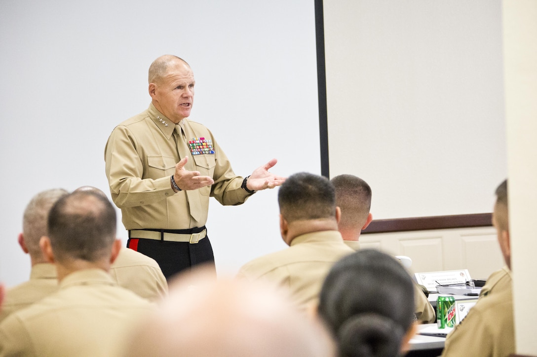 Commandant of the Marine Corps, Gen. Robert B. Neller speaks to Marines after a ceremony at Point Loma, Calif., Dec. 3, 2015. Neller was the guest of honor at the superior achiever ceremony for Marines of the Western and Eastern Recruiting Region. (U.S. Marine Corps photo by Staff Sgt. Gabriela Garcia/Released)