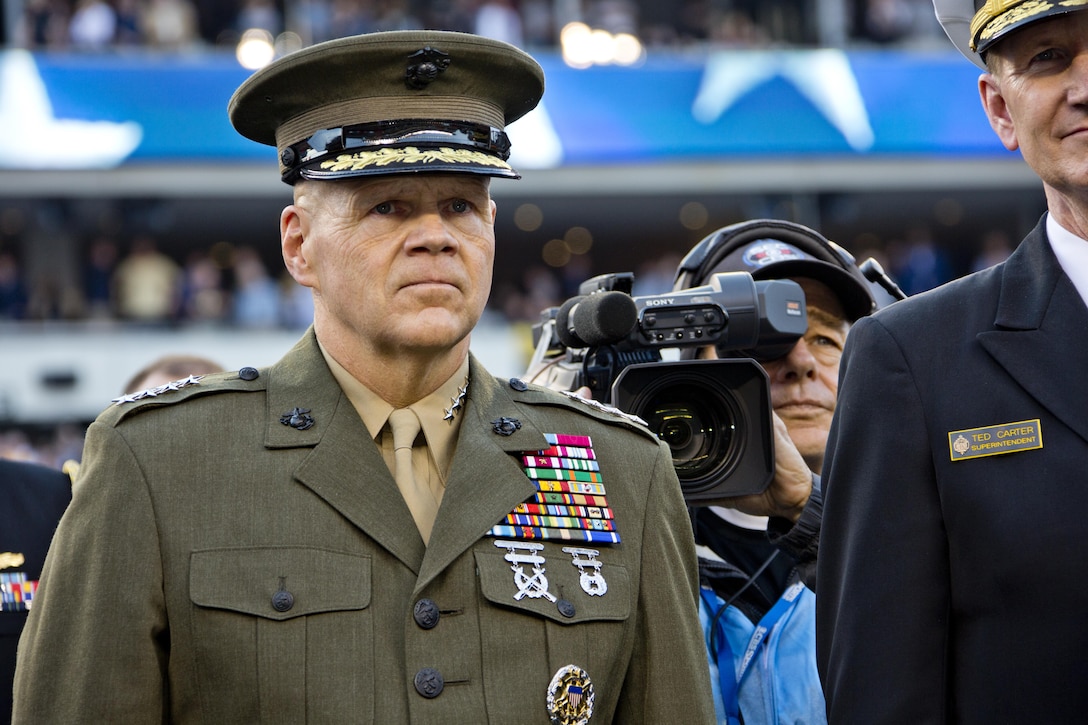 Commandant of the Marine Corps, Gen. Robert B. Neller attends the Army-Navy game at Lincoln Financial Field in Philadelphia, Pa., Dec. 12, 2015. Neller participated in the game's coin toss done by Secretary of Defense, Ashton B. Carter. (U.S. Marine Corps photo by Staff Sgt. Gabriela Garcia/Released)