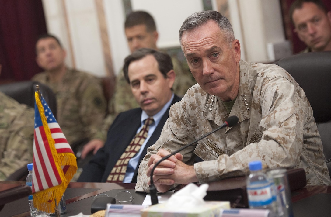 U.S. Marine Corps Gen. Joseph F. Dunford Jr., chairman of the Joint Chiefs of Staff, meets with Iraqi Army Lt. Gen. Othman al-Ghanimi, Iraqi Chief of Defense, in Baghdad, Jan. 7th, 2016. DoD photo by Navy Petty Officer 2nd Class Dominique A. Pineiro