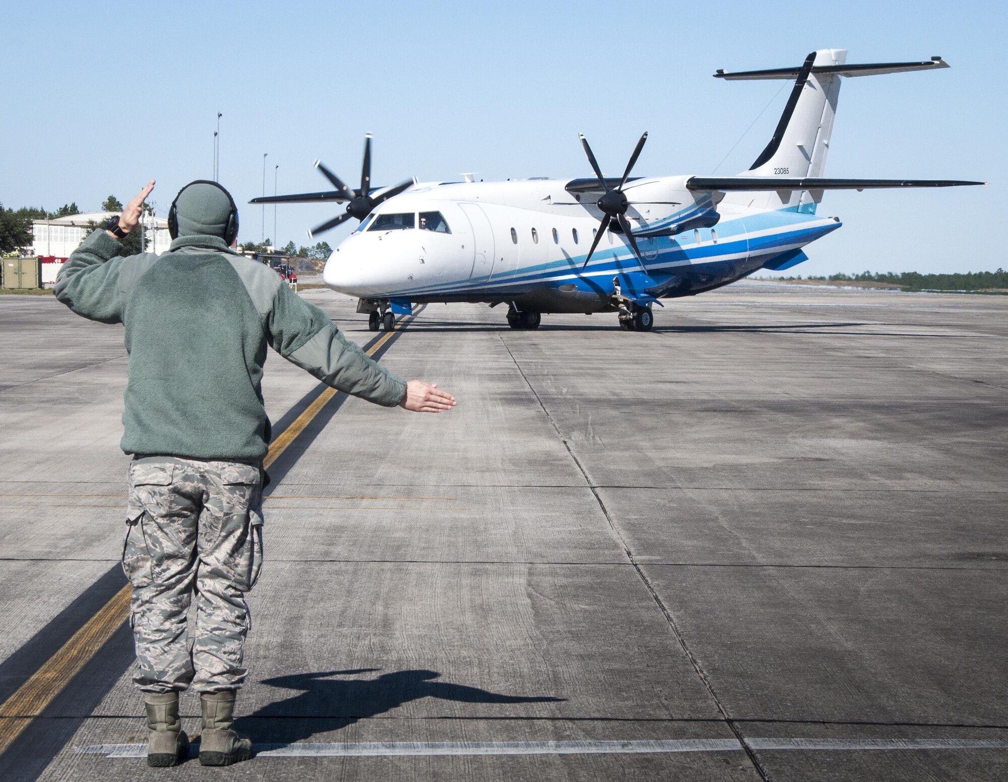 The newest edition to the Duke Field flightline, the C-146 Wolfhound, taxies into at its new home Jan. 5.  The 919th Special Operations Wing will use the new dedicated aircraft to begin its maintenance training.  Maintenance Airmen must create a complete the first-ever Air Force training plan, aircraft procedures and checklists for the Wolfhound.  Previously, the aircraft was maintained via contractors.  (U.S. Air Force photo/Dan Neely)